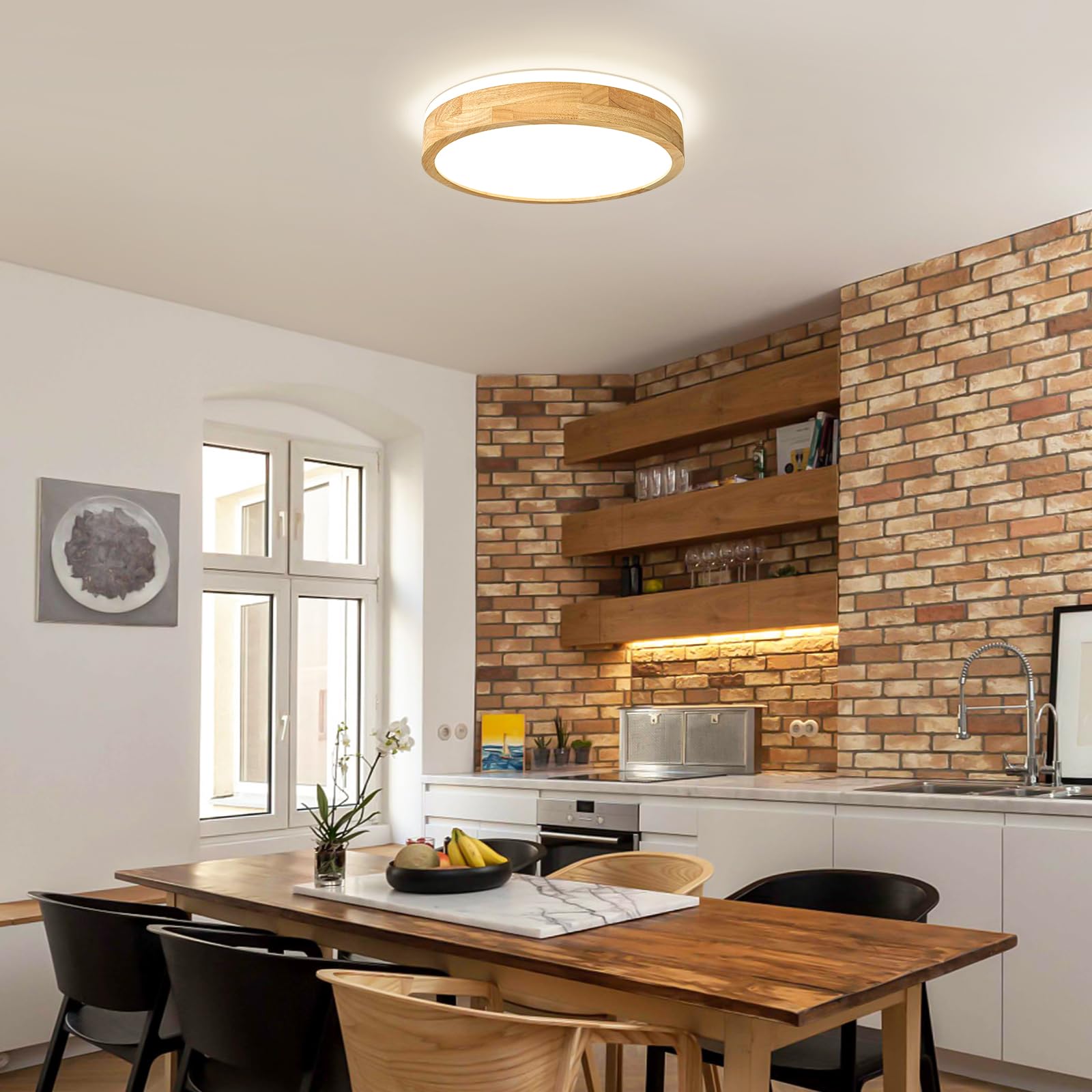 Modern Dimmable Wood Flush Mount Ceiling Light - 15.74in Round LED