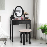 Makeup Table Set Bedroom Furniture with Cushioned Padded Stool & 5 Drawer Round 360 Degree Rotation Swivel Mirror Dressing Table Stool Wooden Vanity Set (Black with 5 Drawer)