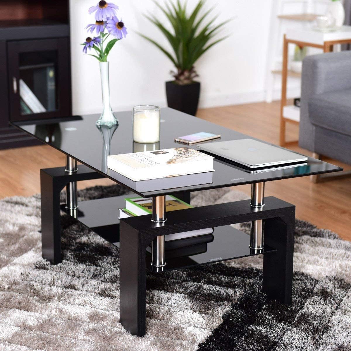 Rectangle Glass Coffee Table 2-Tier Tea Table Modern Side Coffee Table