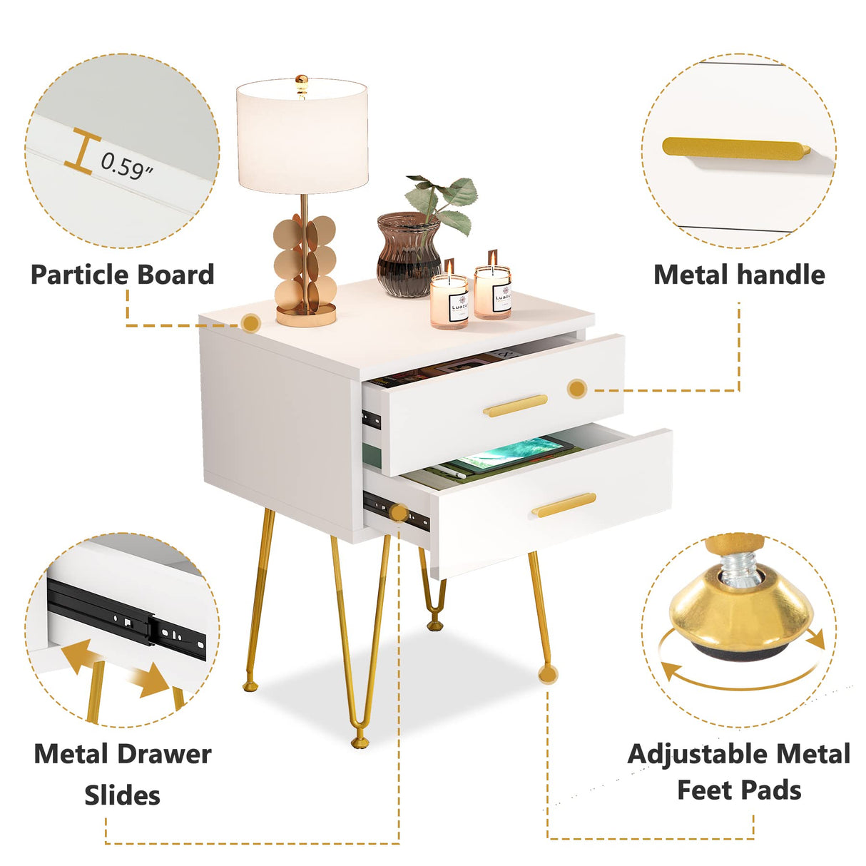 2-Drawer Nightstand Set of 2, White and Gold Bed Side Table with Metal Legs