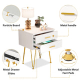 2-Drawer Nightstand Set of 2, White and Gold Bed Side Table with Metal Legs