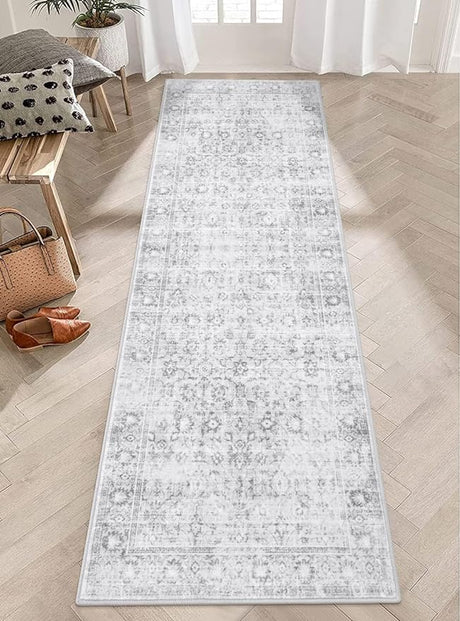 Washable Area Rug 8x10 Large Boho Living Room Rug Vintage Grey Rug for Bedroom