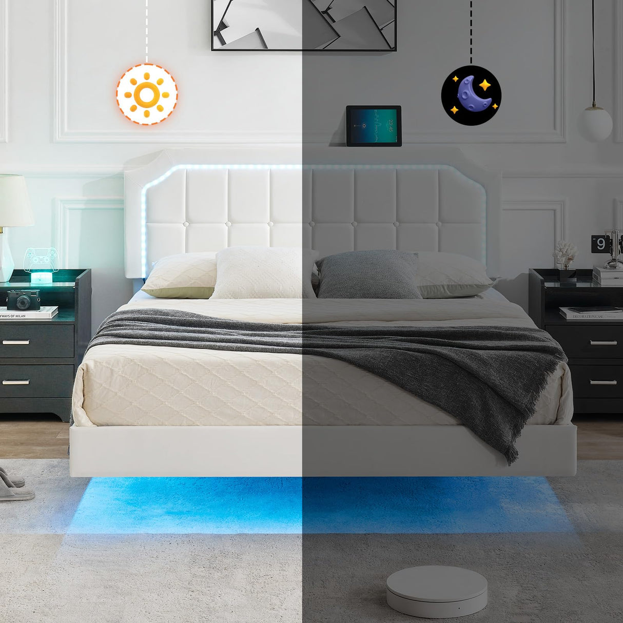 Floating Bed Frame, Full Size Floating Bed Frame with RGB LED Light Headboard