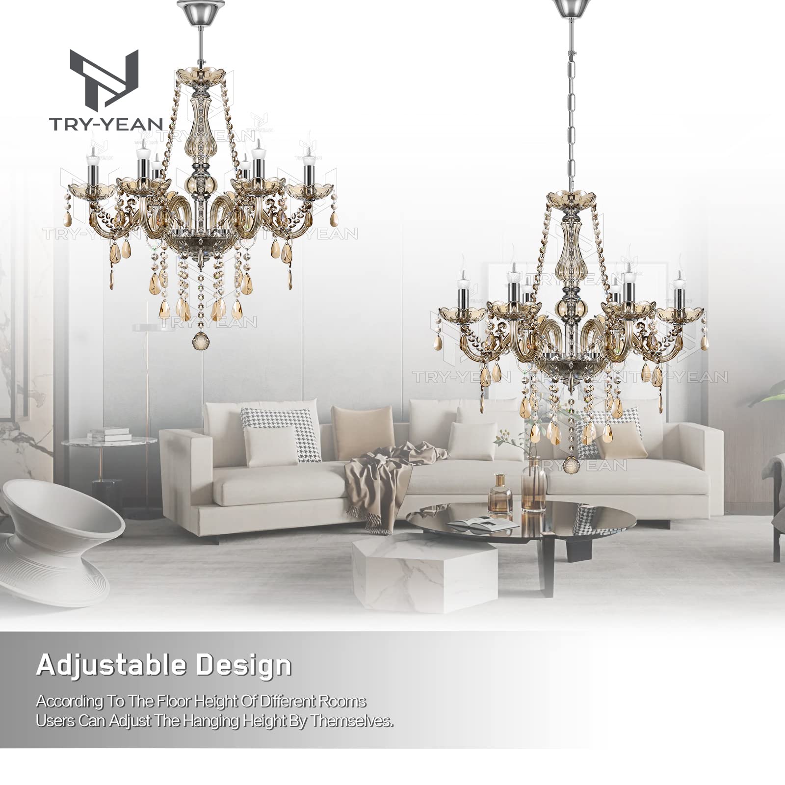 Adjustable 6 Lights Chandelier Cognac K5 Crystal Chandelier Hanging Ceiling
