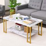 2-Tier White Marble Coffee Table, Rectangular Faux Marble Coffee Table with Storage Shelf, Sturdy Gold-