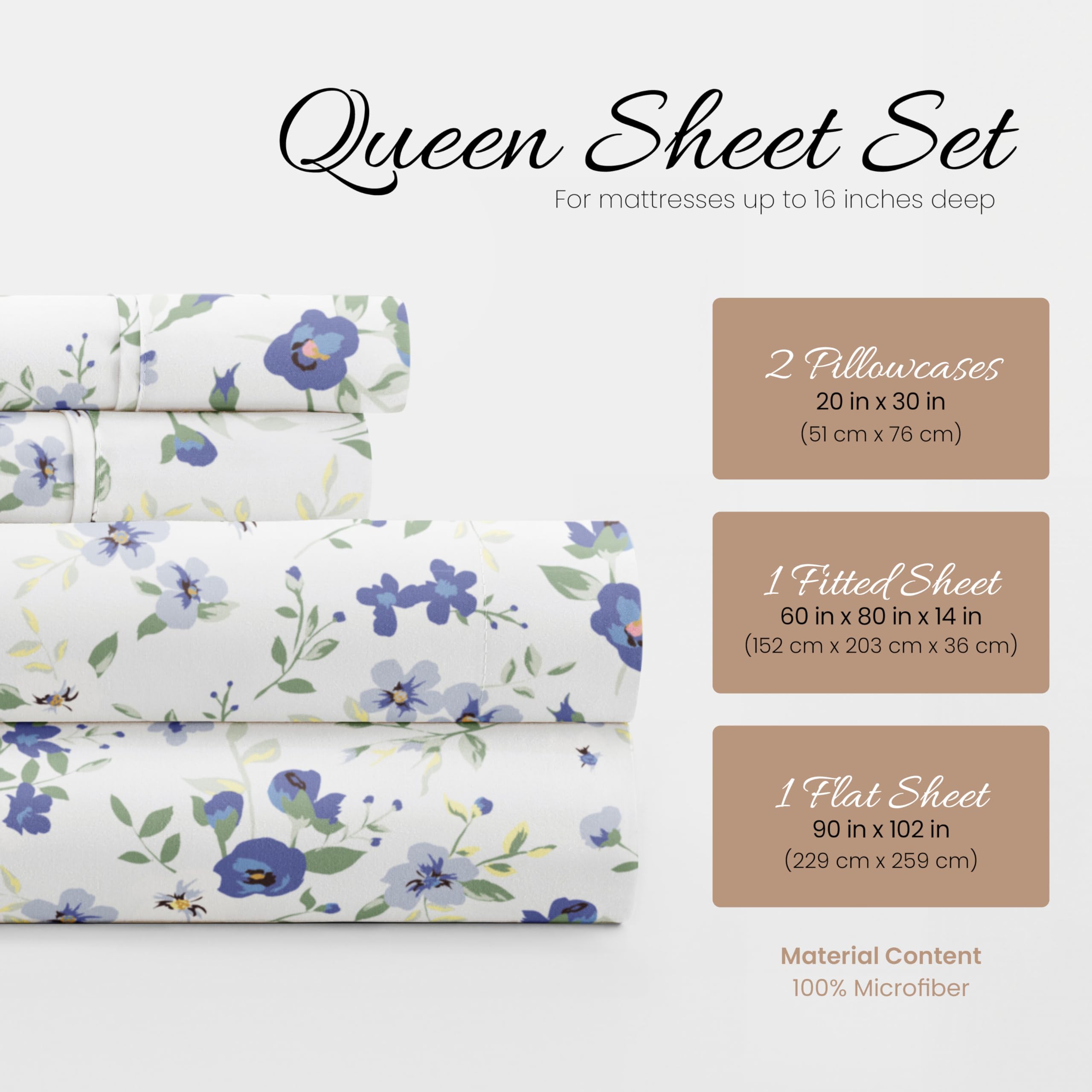 4 Piece Queen Sheet Set (Light Blue Floral) - Sleep Better Than Ever