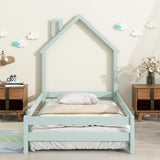 loor Bed with House-Shaped Headboard, Wooden Platform Bed with Full-Length Fences for Kids Boys Girls, Ideal Bed Frame, Easy Assembly, Light Green