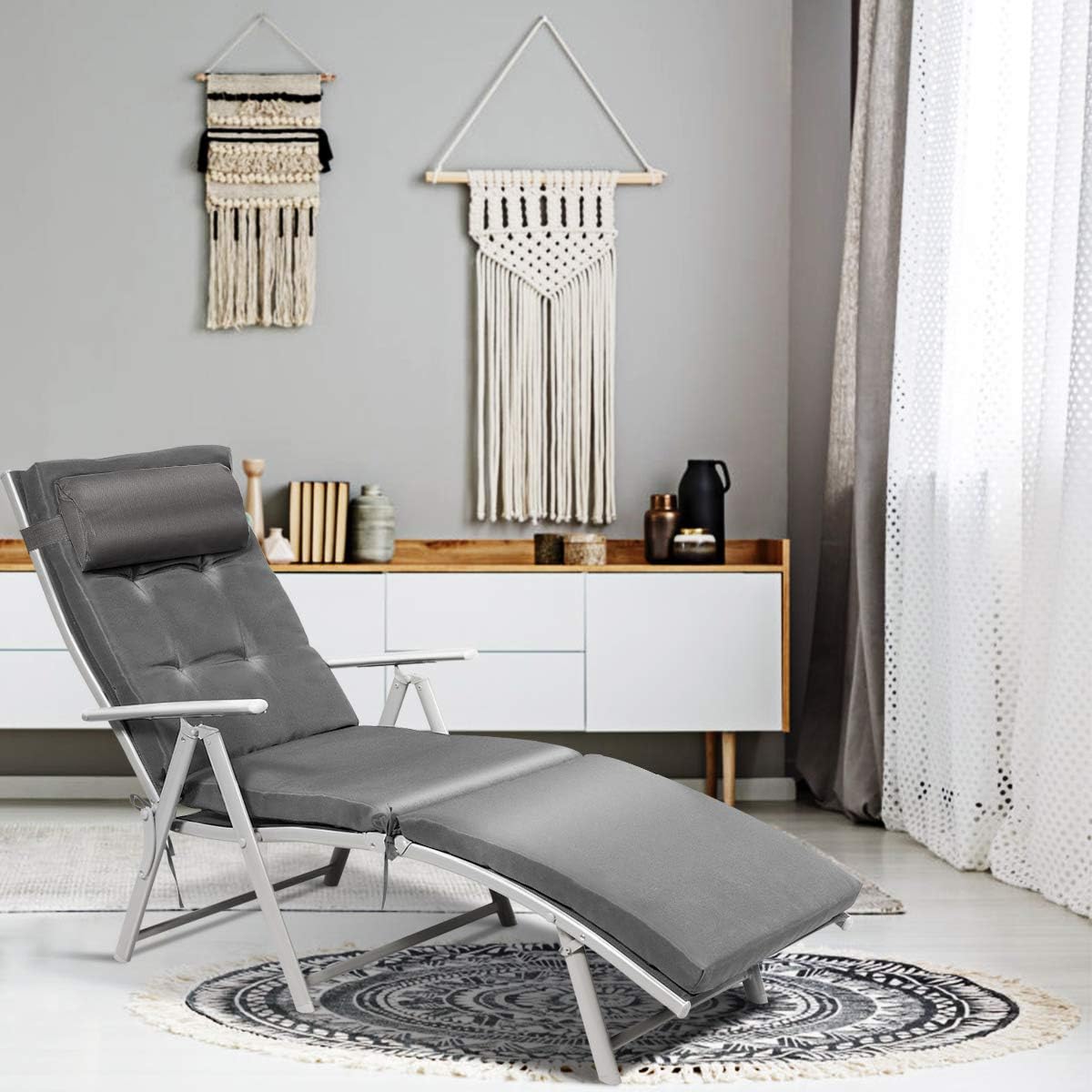 Outdoor Folding Chaise Lounge Chair, Lightweight Recliner Chair w/ 7 Adjustable Backrest Positions