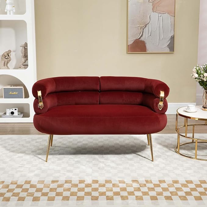 Modern Velvet Accent Loveseat Sofa, Upholstered Sofa Chair with Golden Metal Legs