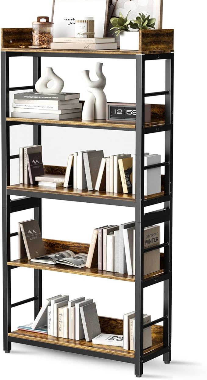 Bookshelf, 66" H 5-Tiers Heavy Duty Industrial Shelving Wood & Metal Bookcase