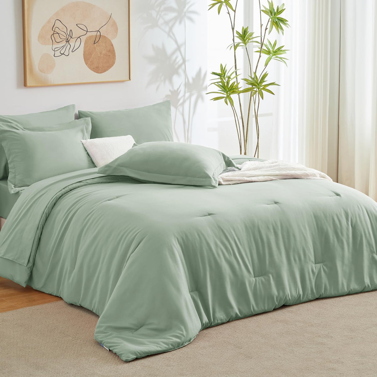 Queen Comforter Set Sage Green, 7 Pieces Bed in a Bag, Bedding Comforter Set