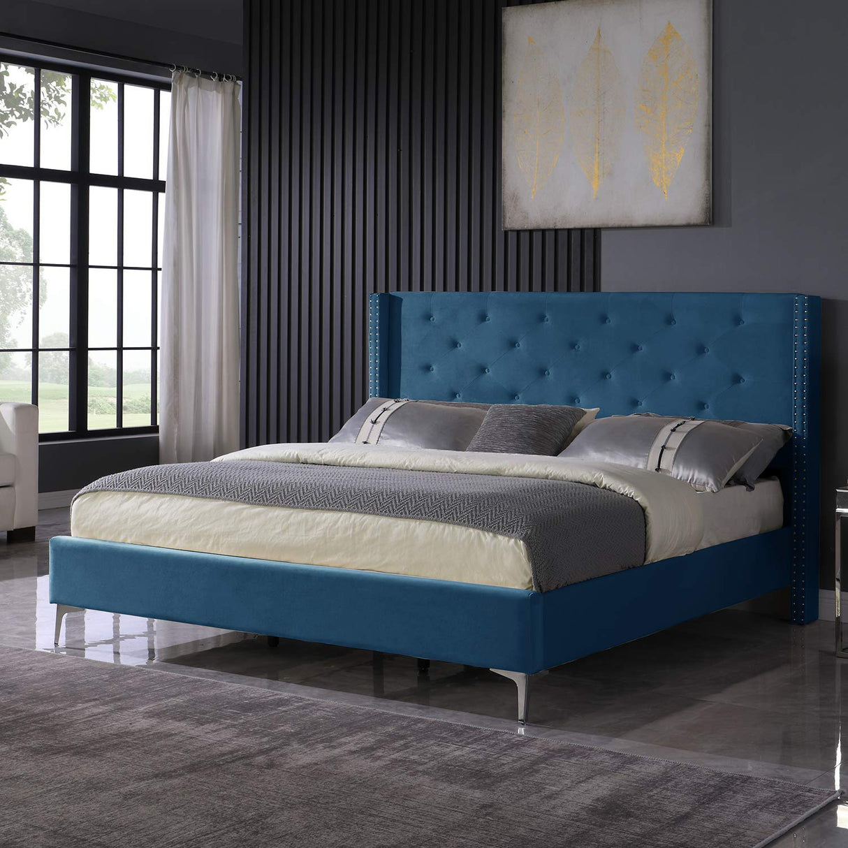 Upholstered California King Bed Frame with Tufted Headboard Blue Velvet Platform