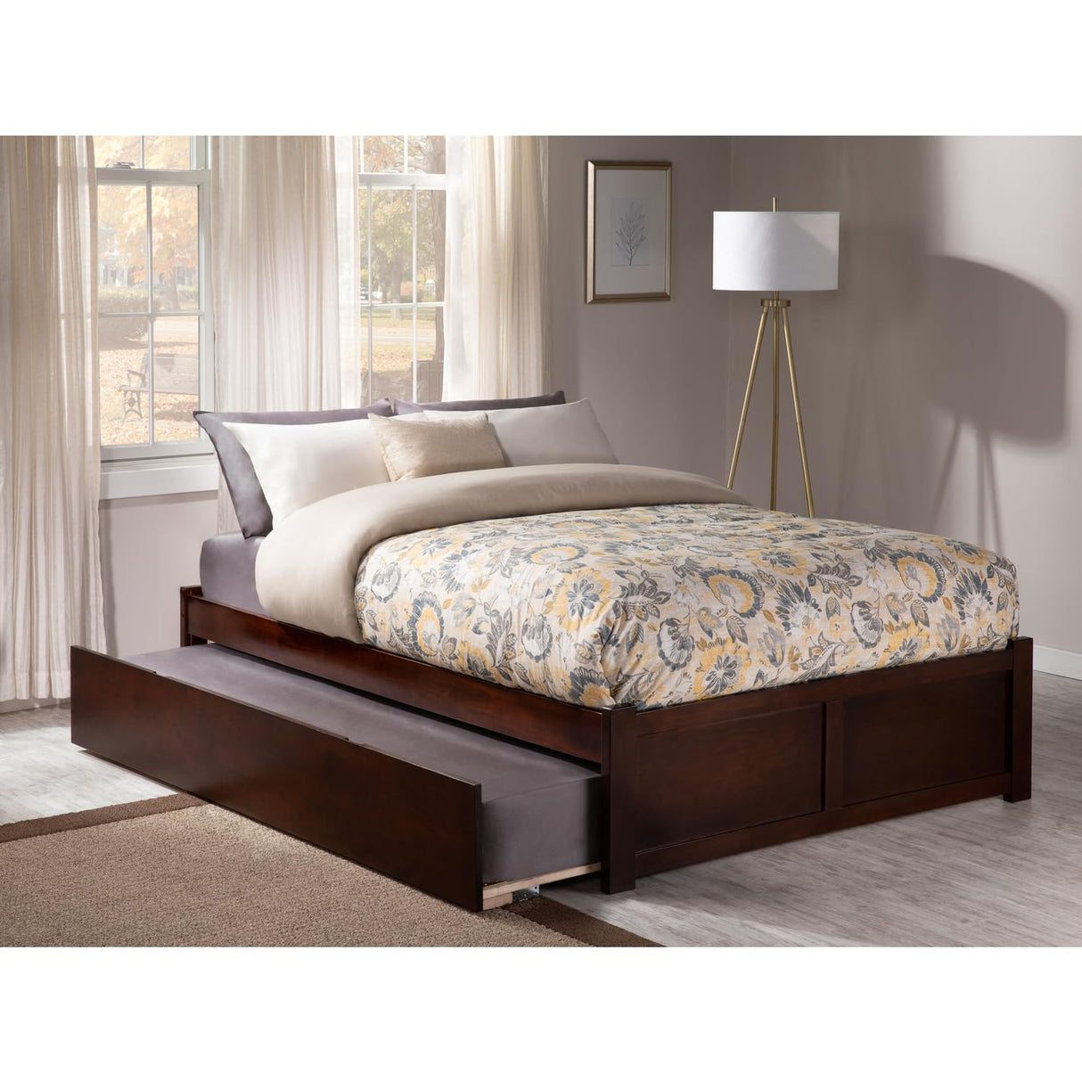 Full Platform Bed with Flat Panel Footboard and Turbo Charger with Twin Size Trundle