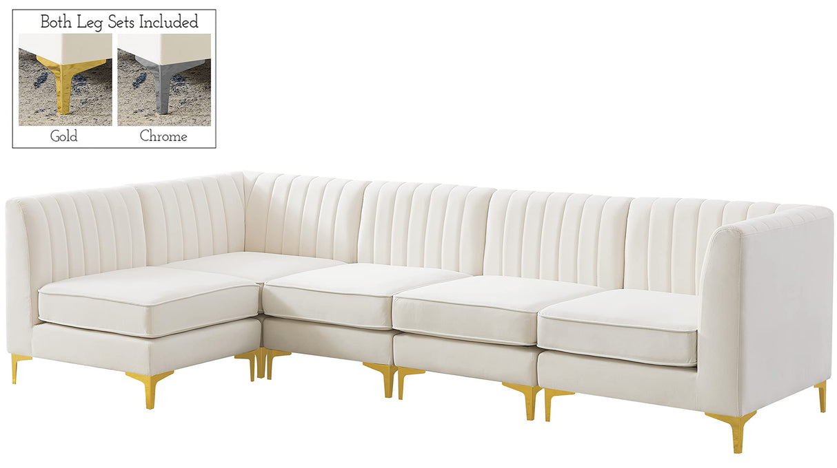 Furniture 604Cream-Sec5B Alina Collection Modern | Contemporary Velvet Upholstered Modular Sectional with Deep Channel Tufting, 116.5" W x 58.5" D x 31" H, Cream