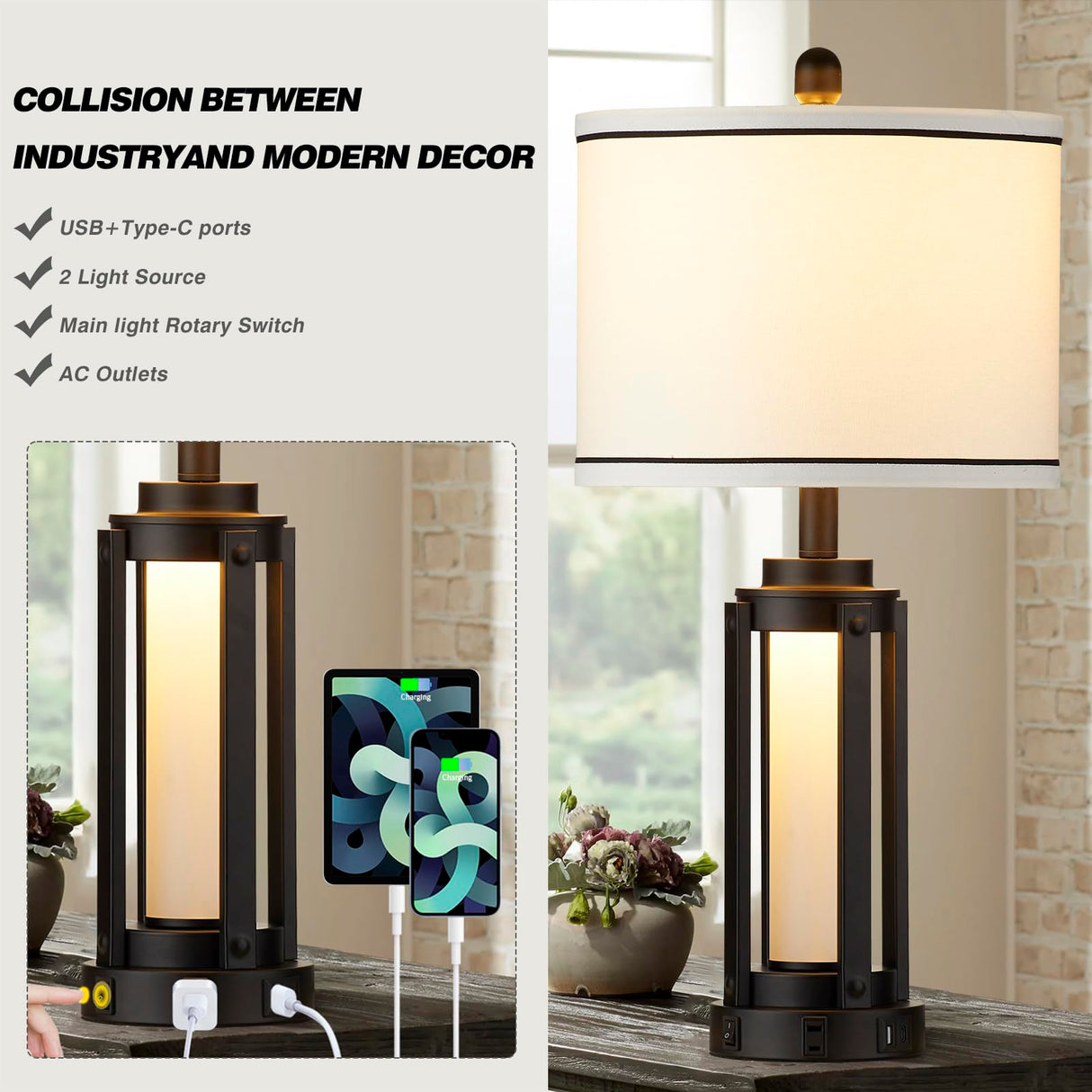 Modern Table Lamps for Living Room, Industrial Beside Lamps with USB A+C Charging Ports & AC Outlet, Rustic Nightstand Lamp with Glass Night Light for Bedroom End Table Entryway Black(4 Bulb Included)