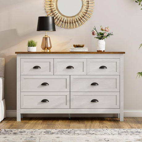 Farmhouse White Dresser for Bedroom, Vintage 7 Drawer Dresser & Chest