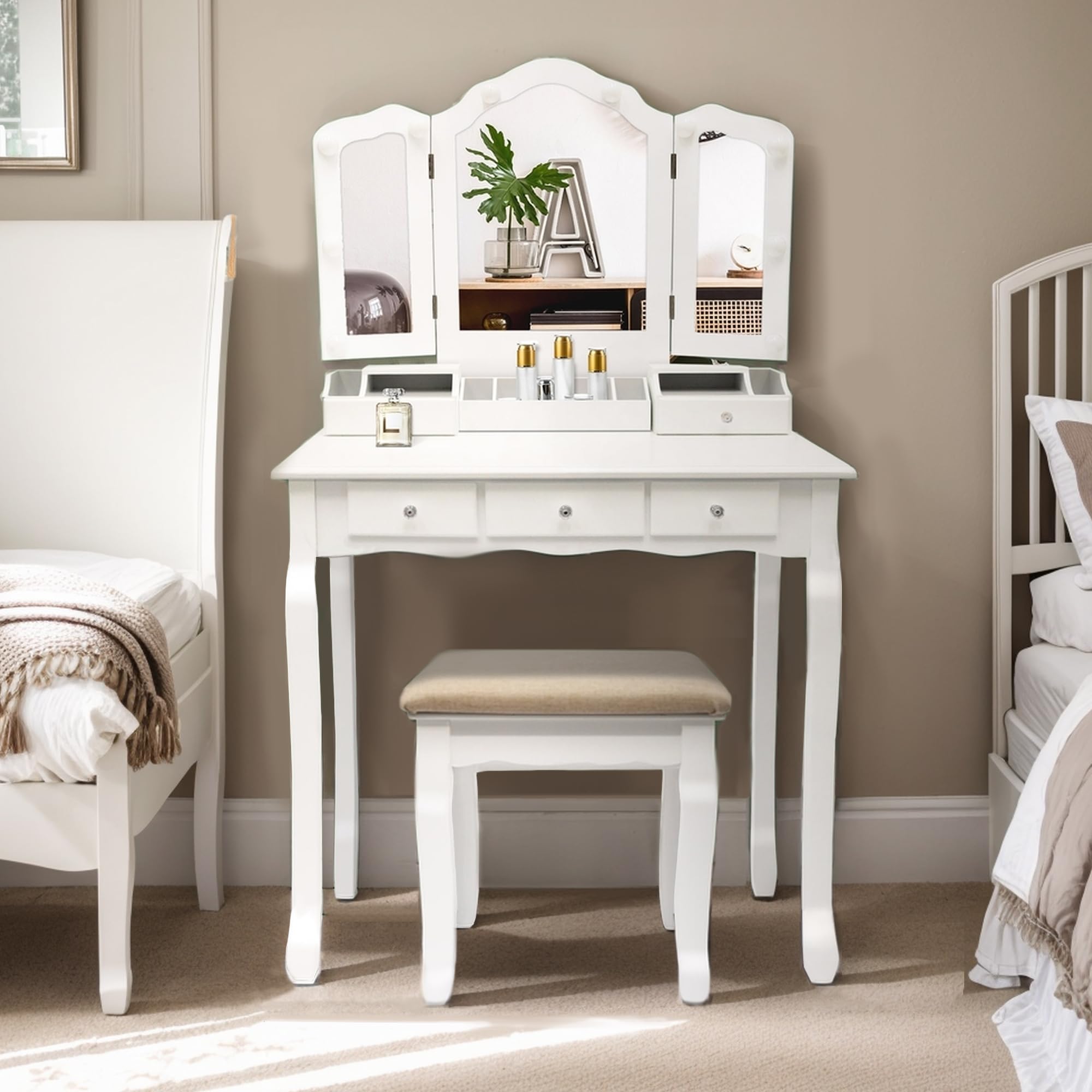 Table, Vintage Vanity Desk with Mirror and Lights, Tri-Fold Mirror Small Makeup Vanity