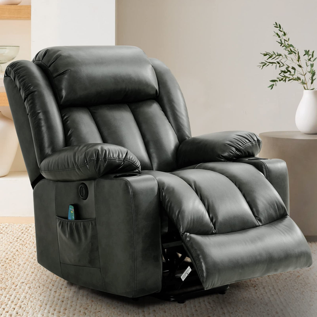 Lift Recliner Chair with Massage and Heating for Elderly and Adults,Breathable Leather Recliner Chairs for Living Room,USB Port,2 Cup Holders (Sliver Grey)