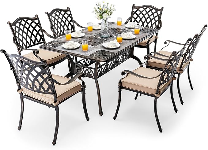 7 Piece Cast Aluminum Outdoor Dining Set Retro Patio Dining Set for 6 Includes 59” Rectangular Table and 6 Chairs
