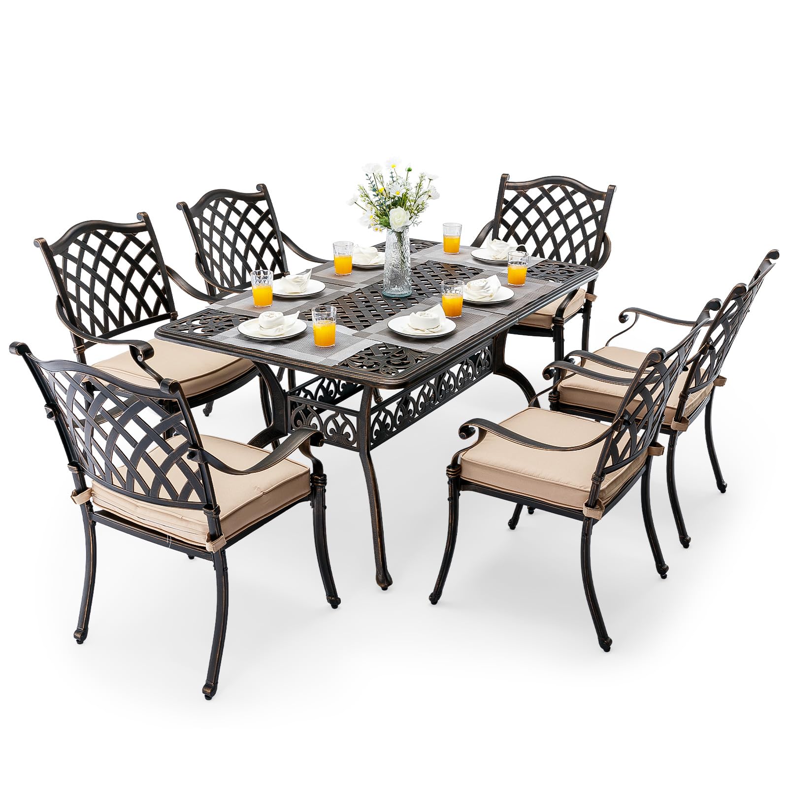 7 Piece Cast Aluminum Outdoor Dining Set Retro Patio Dining Set for 6 Includes 59” Rectangular Table and 6 Chairs