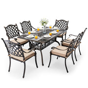 7 Piece Cast Aluminum Outdoor Dining Set Retro Patio Dining Set for 6 Includes 59” Rectangular Table and 6 Chairs