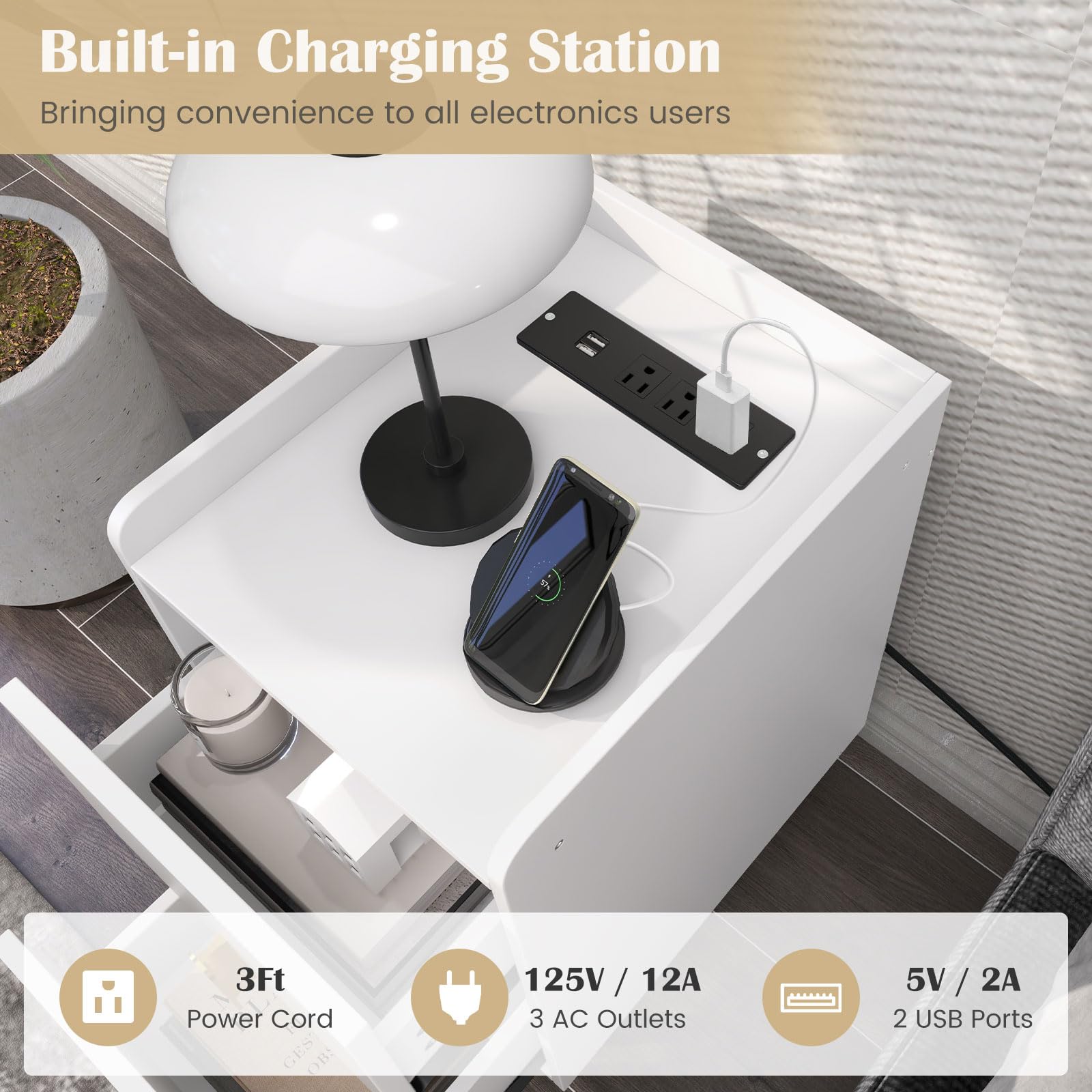Nightstand with Charging Station, Narrow End Table with 2 Drawers & Metal