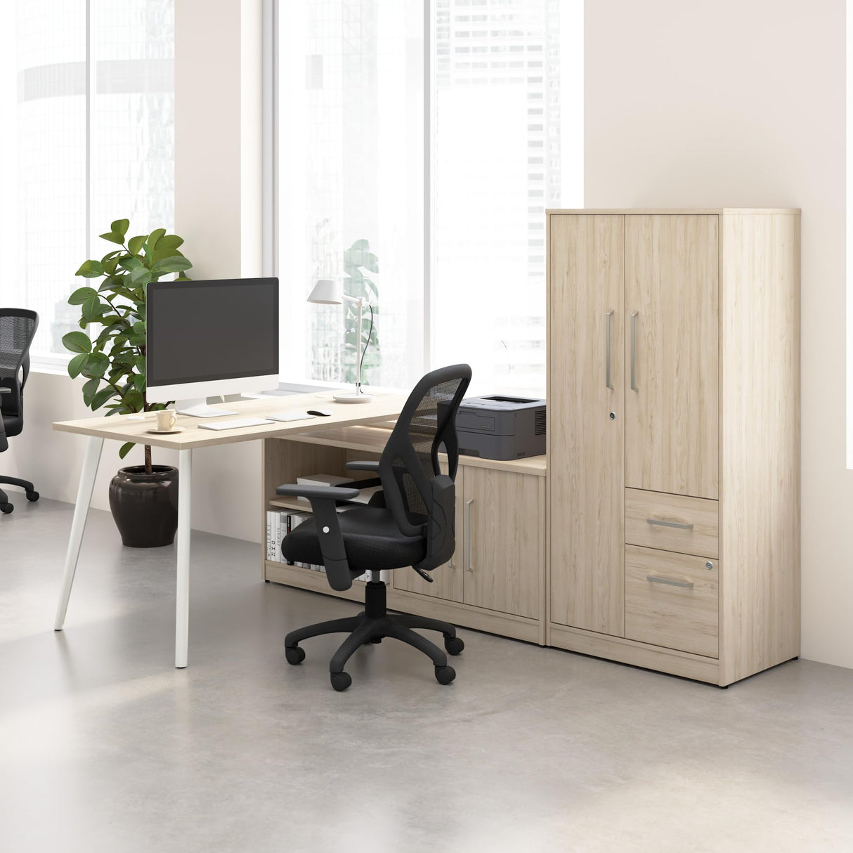 Furniture L Shaped Desk 60 inch with Credenza and Tall Storage Cabinet