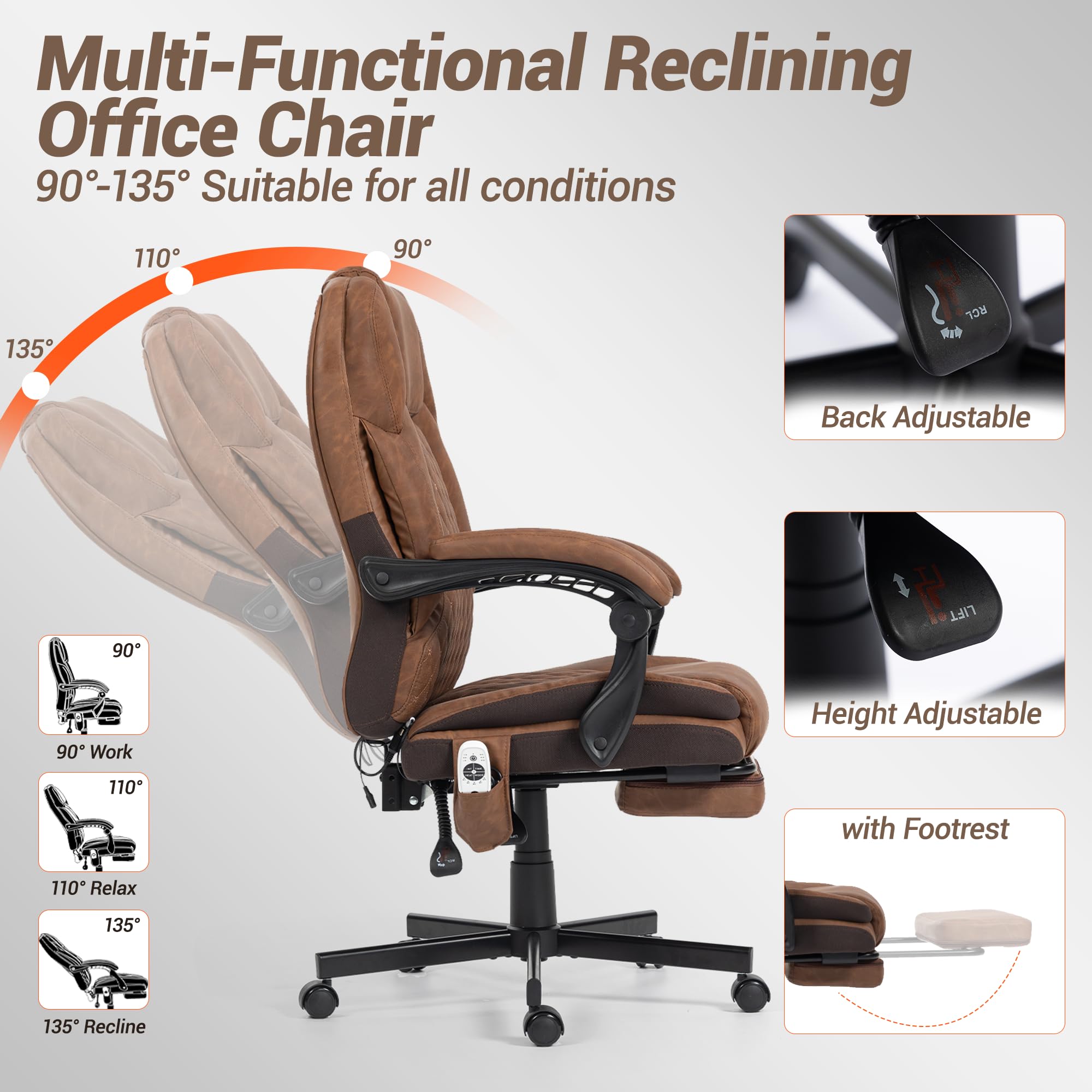 Massage Office Chair with Footrest - Ergonomic Executive Desk Chair with Heat & Vibration