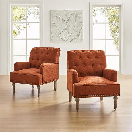 Set of 2 Modern Accent Chair with Retro Wood Legs, Comfy Upholstered Armchair with Button-Tufted and Nailhead Trim for Living Room Bedroom, Oatmeal