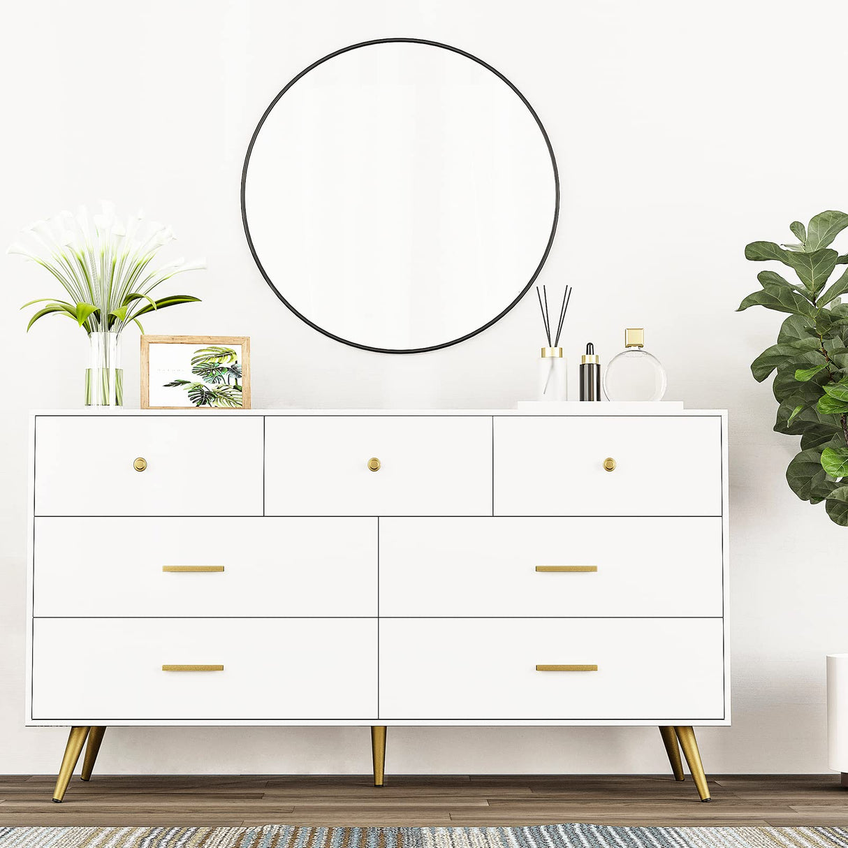 7 Drawer Dresser for Bedroom, Modern White Wood Dresser with Wide Drawers