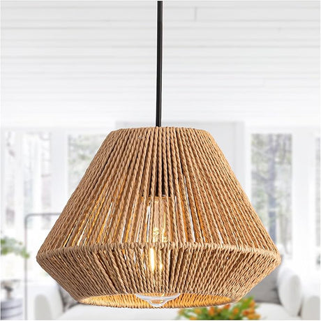 Farmhouse Rattan Pendant Light Fixture Vintage Boho Hand-Woven Bamboo Pendant