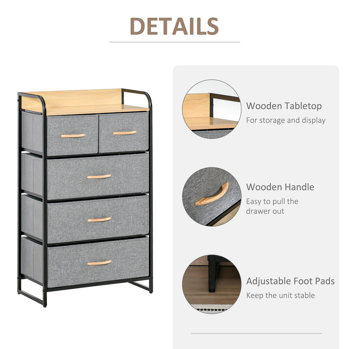 5-Drawer Fabric Dresser Tower, 4-Tier Storage Organizer with Steel Frame for Hallway,