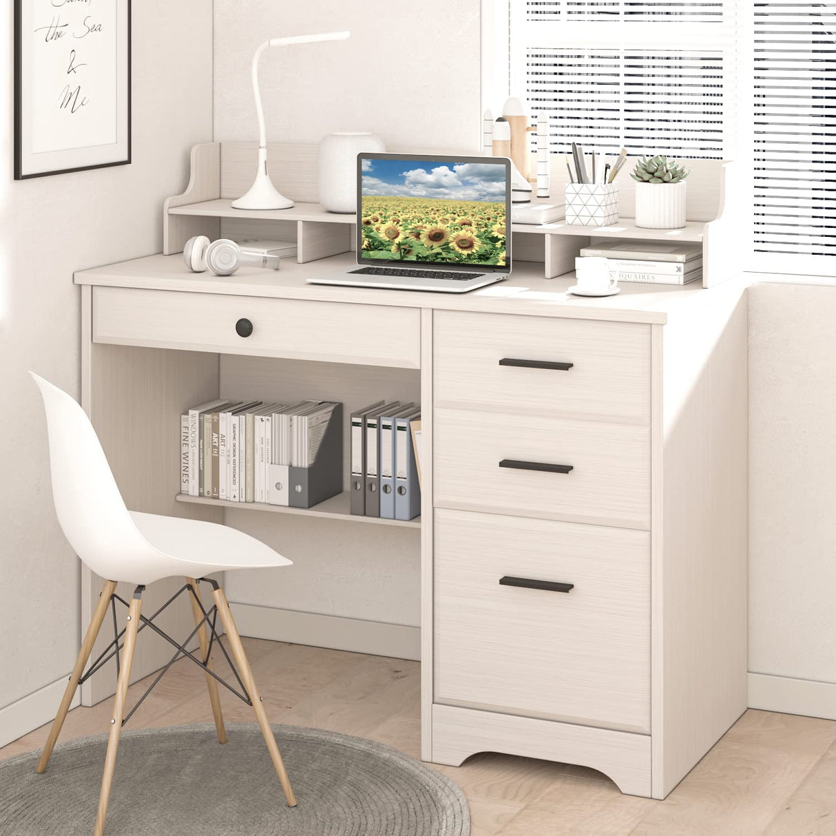 Computer Desk with Drawers and Hutch Shelf, Farmhouse Home Office Desk