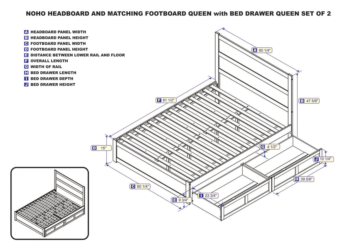 NoHo Queen Size Platform Bed with Footboard & Storage Drawers in Walnut