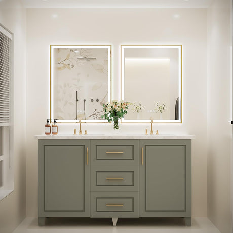 Bathroom Mirror, 28x36 Inch Frontlit & Backlit Gold Framed Lighted Mirror,Wall Mouted