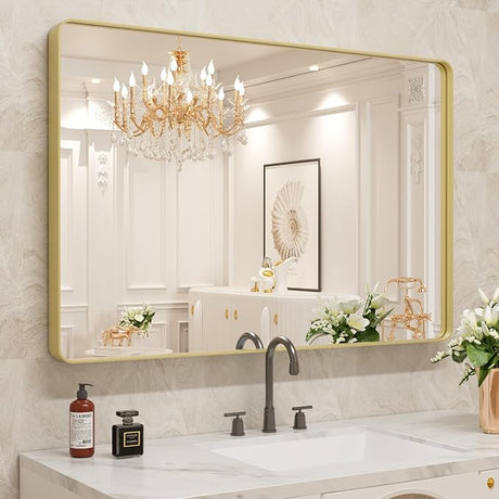 White Bathroom Mirror 48X30 Inch, Rounded Rectangle White Metal Frame Mirror,