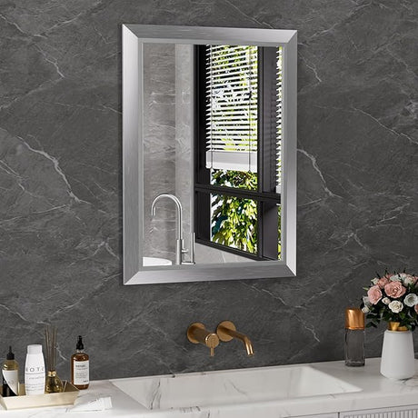 24x32 Inch Bathroom Mirror Silver, Thick Metal Framed Wall Mirrors for Over Sink,