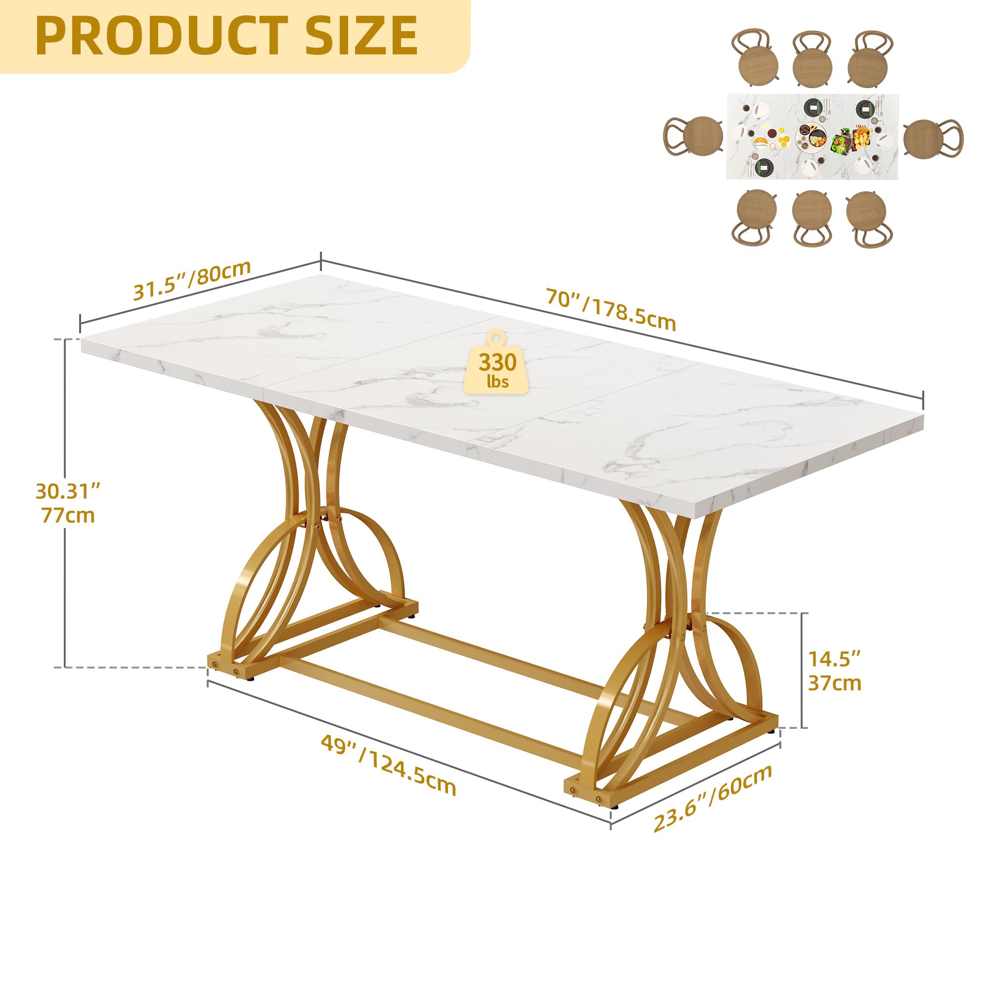 70.3" Modern Dining Table for 6-8 People - White Marble & Gold