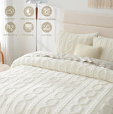 Fluffy Queen Size Comforter Set Cream, Jacquard Boho Texture Sherpa Bed Set