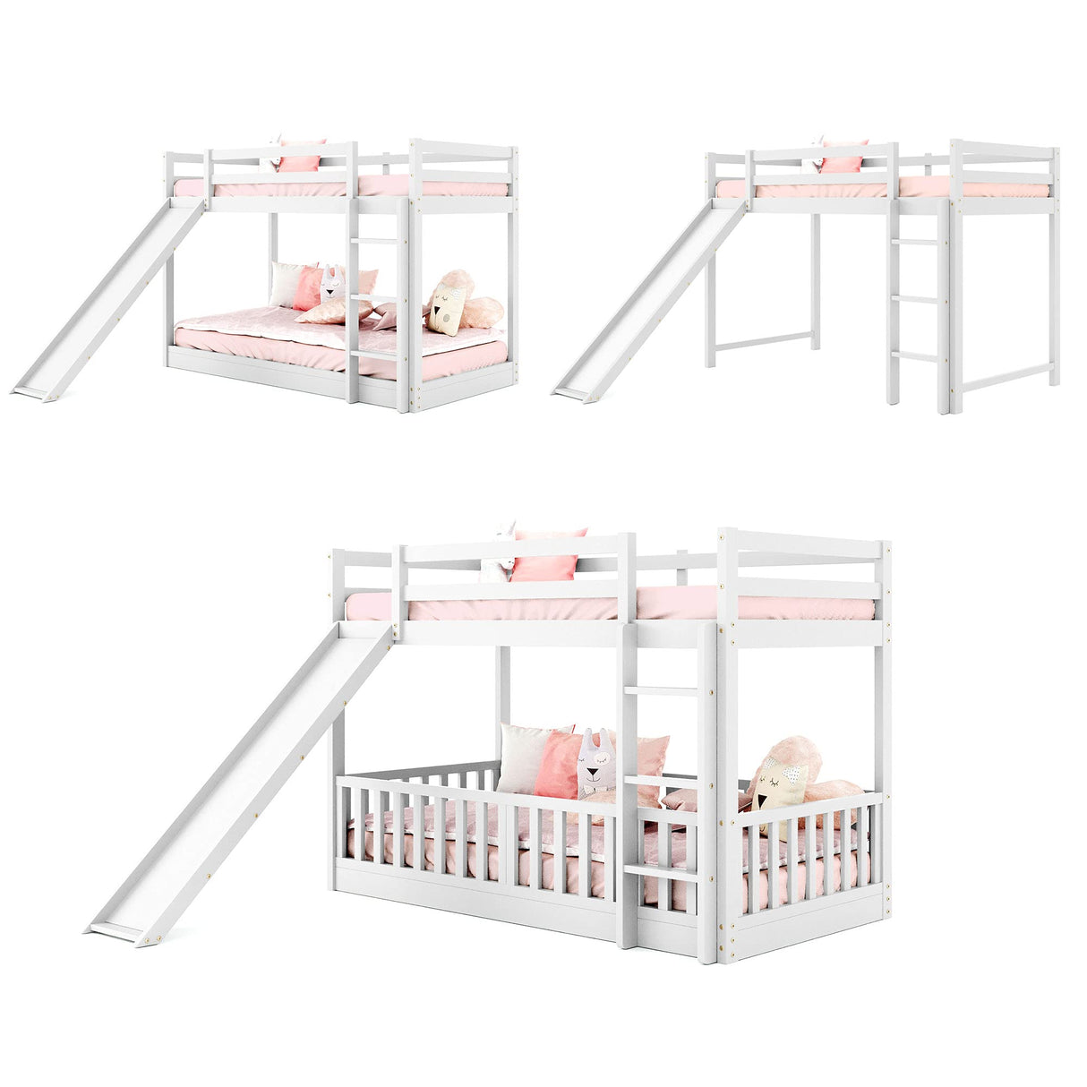 Toddler Floor Bed with Fence, Low Bunk Bed Twin Over Twin for Boys Girls, Wood Bed