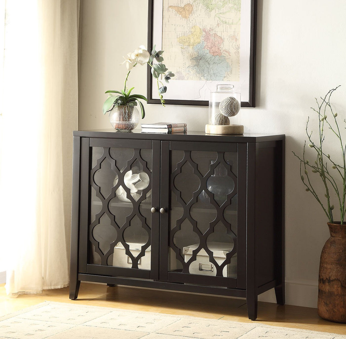 Ceara Storage Wooden Console Table with 2 Glass Doors in Black