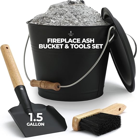 2.15 Gallon Black Ash Bucket and Fireplace Tool Set with Lid