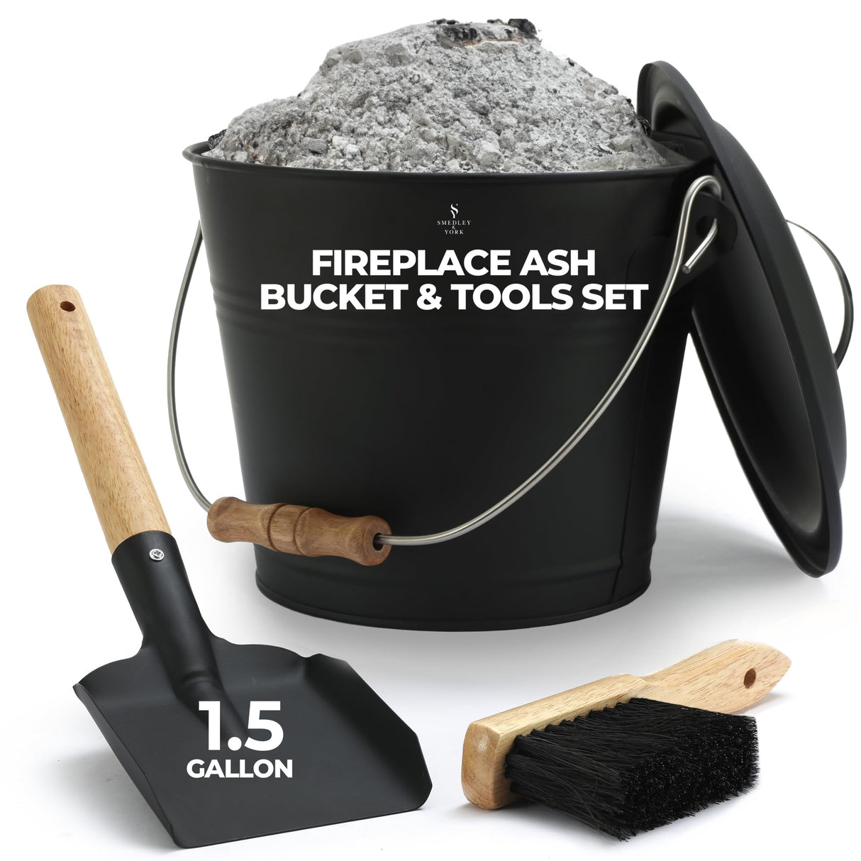 Mini Ash Bucket with Lid, Includes Fireplace Tools, Pail, Shovel and Broom