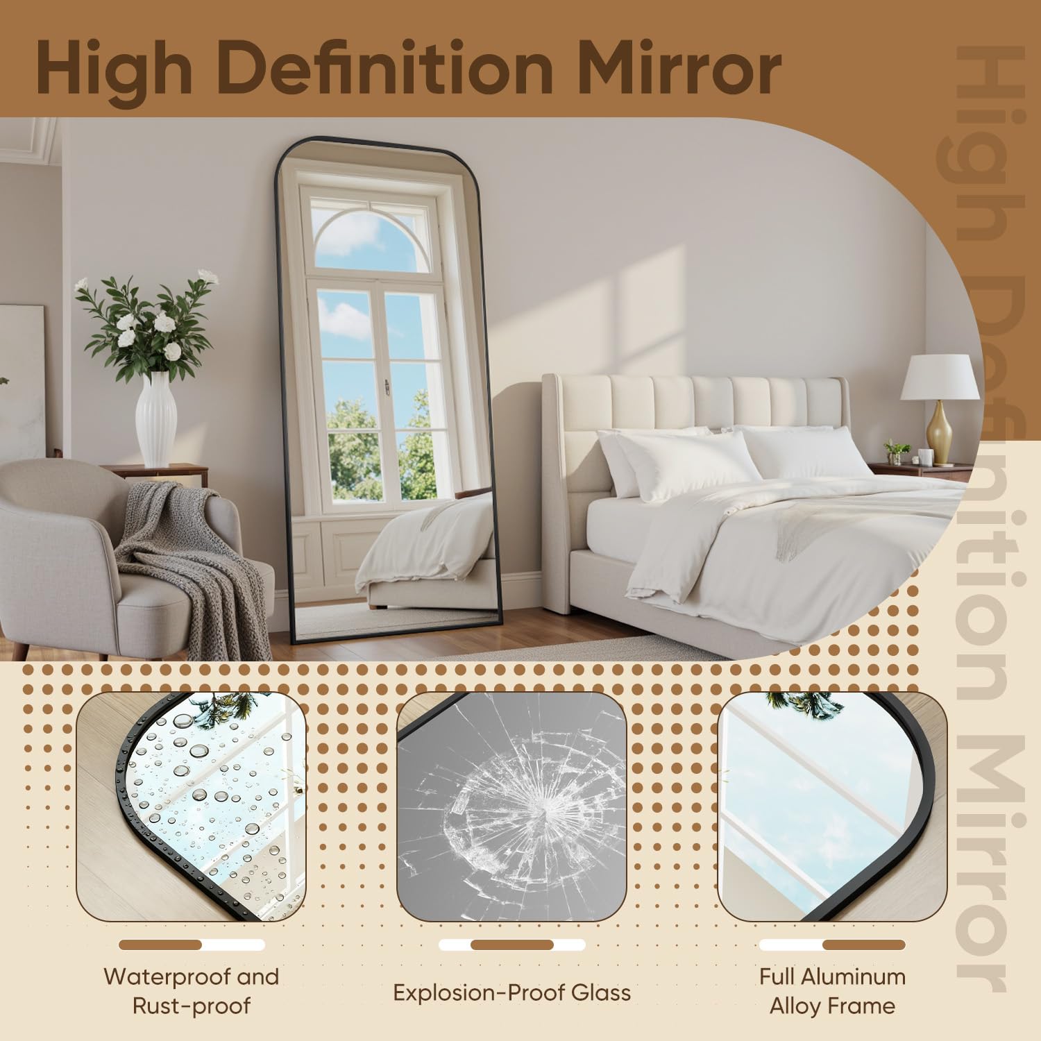 Full Length Floor Mirror with Stand 71"x28" - Rounded Top Aluminum Frame