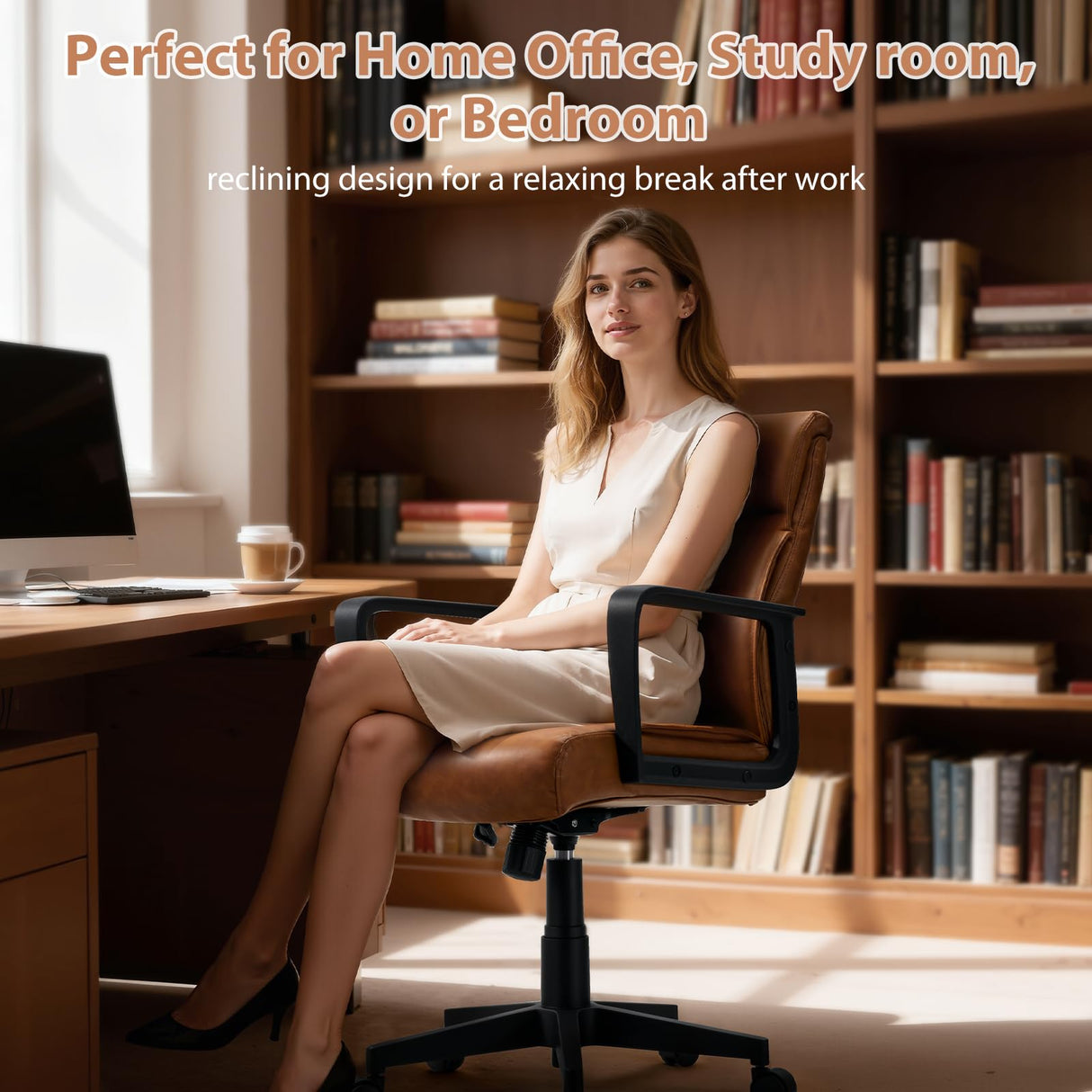 Brown Leather Office Chair with Wheels and Arms