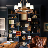 Farmhouse Wood Wagon Wheel Chandelier,6-Light Rustic Pendant Light with Glass Shades