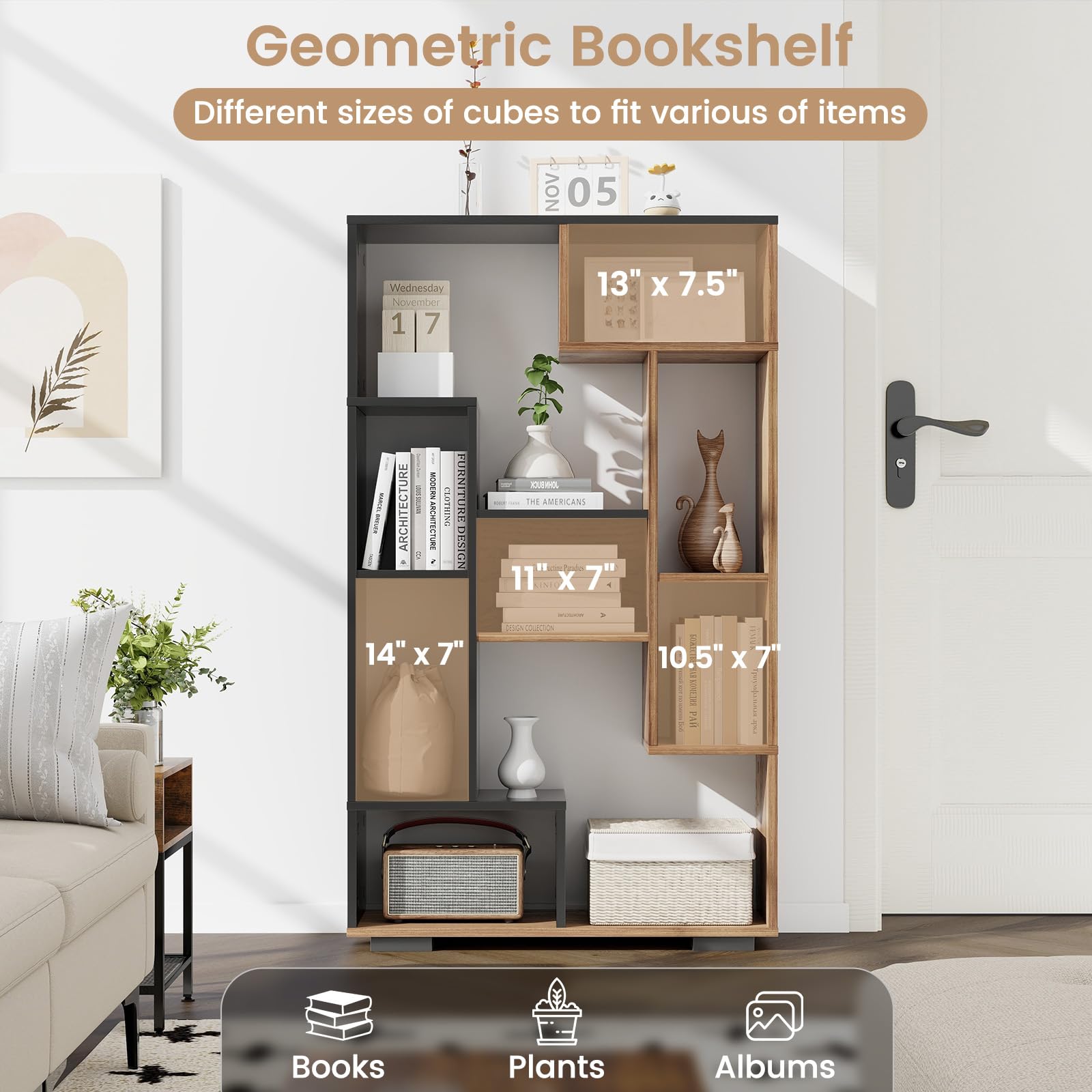Tangkula Geometric Bookshelf, 47 Inch Tall Bookcase with Multiple Open Shelves, Anti-Tipping Devices, Freestanding 9 Cubes Bookshelf Storage Display for Living Room Study Office (Black, 47")