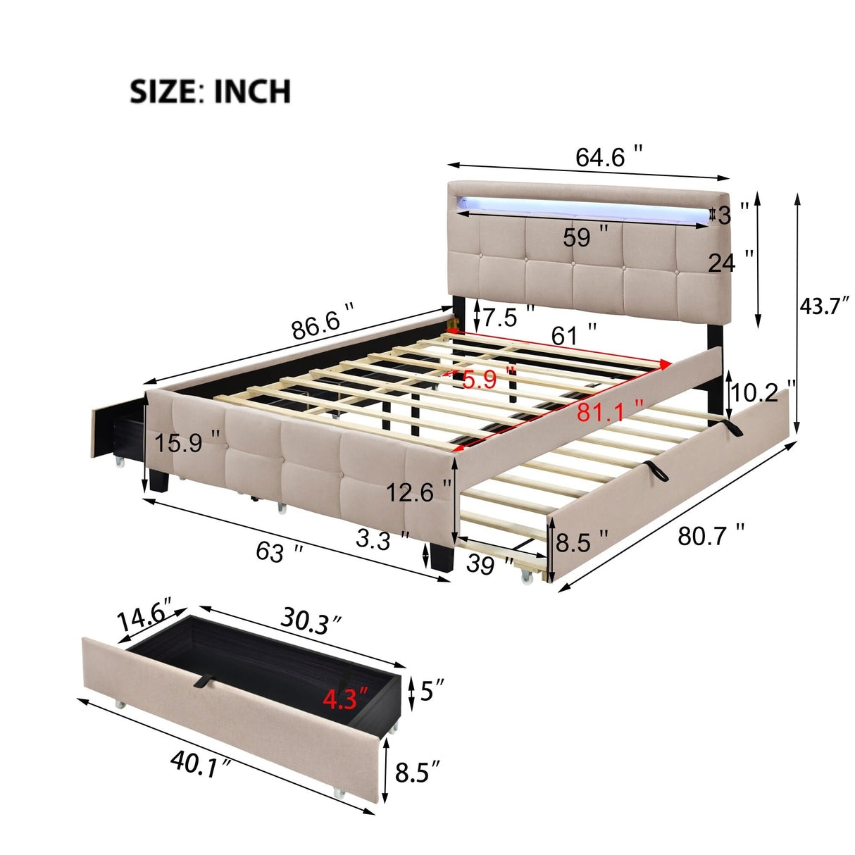 Bed with LED Frame Beige - Queen