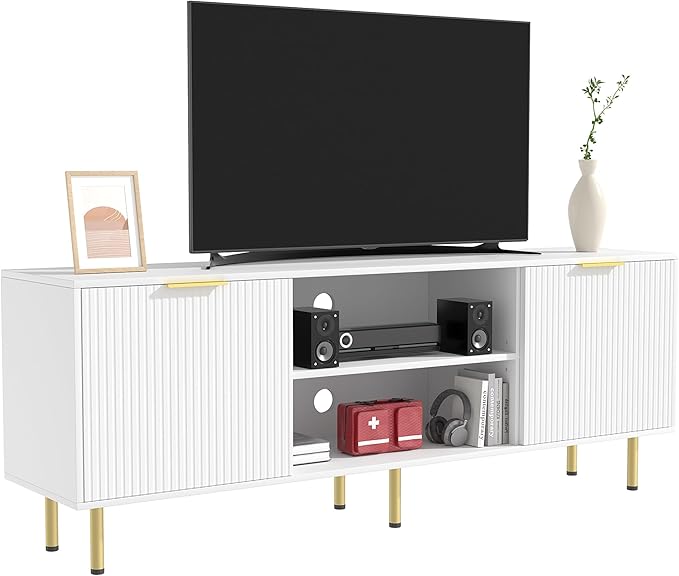 Mid Century Modern TV Stand for 80 Inch TV, Entertainment Center with 4 Large Drawers