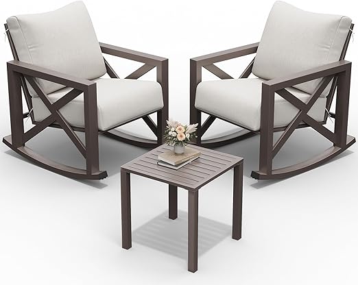 Rocking Chair Outdoor Set 2 with Coffee Table, 3 Piece Metal Rocking Bistro Set